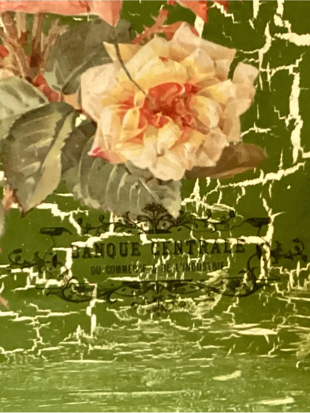 Floral Tray with Pink Roses on Green Crackle Background